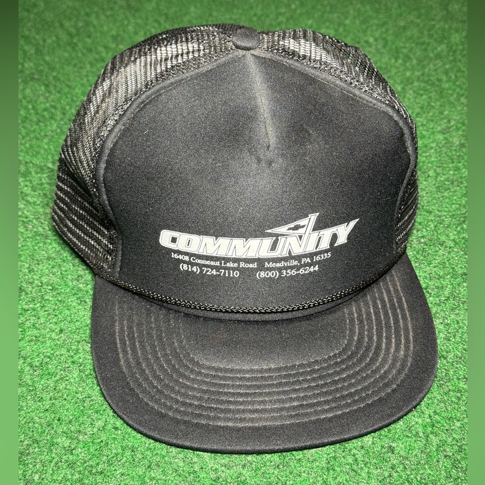 Community Vintage Black Trucker Mesh 90s Snapback Meadville Pa Cap Hat